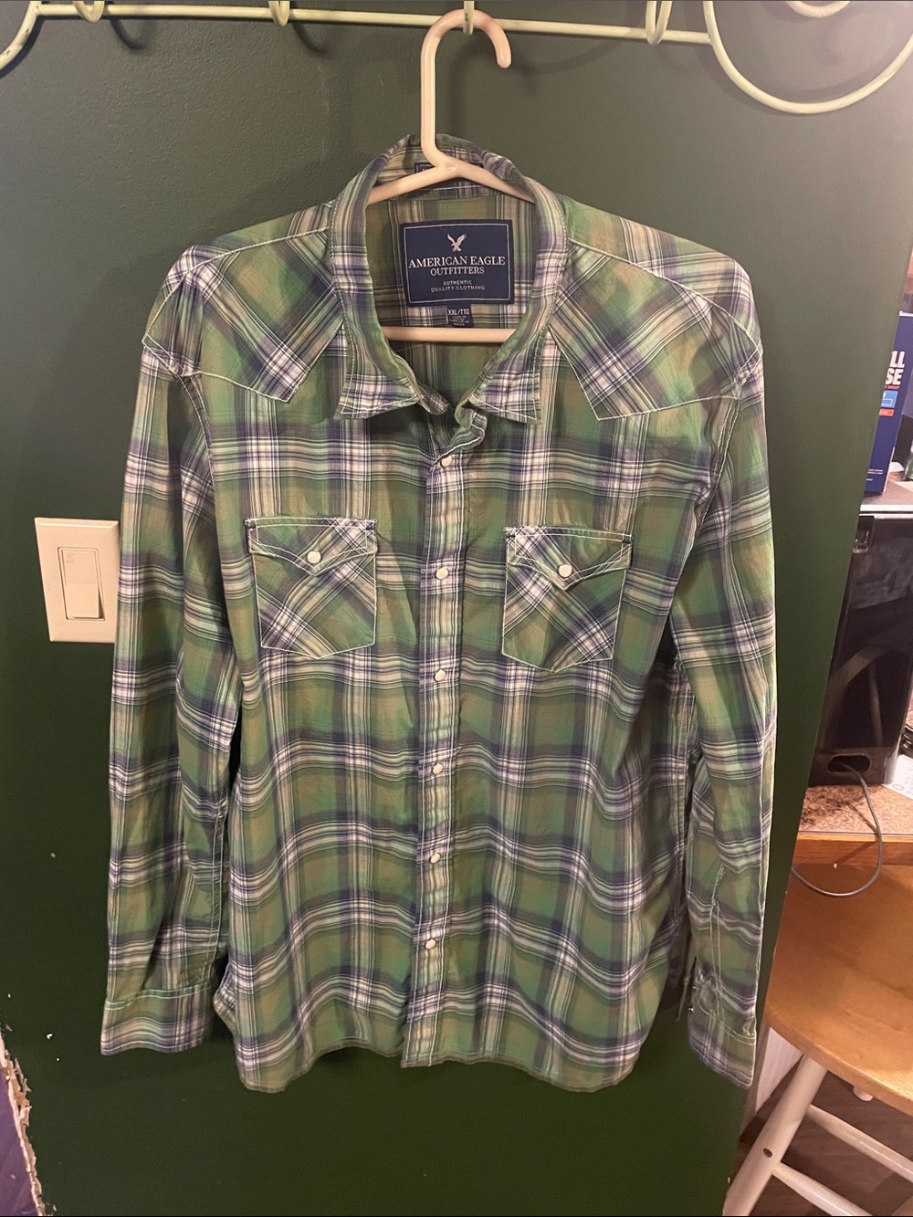 American Eagle Green and Blue Plaid Pearl SnapButton-Down Shirt Size 2XL Western